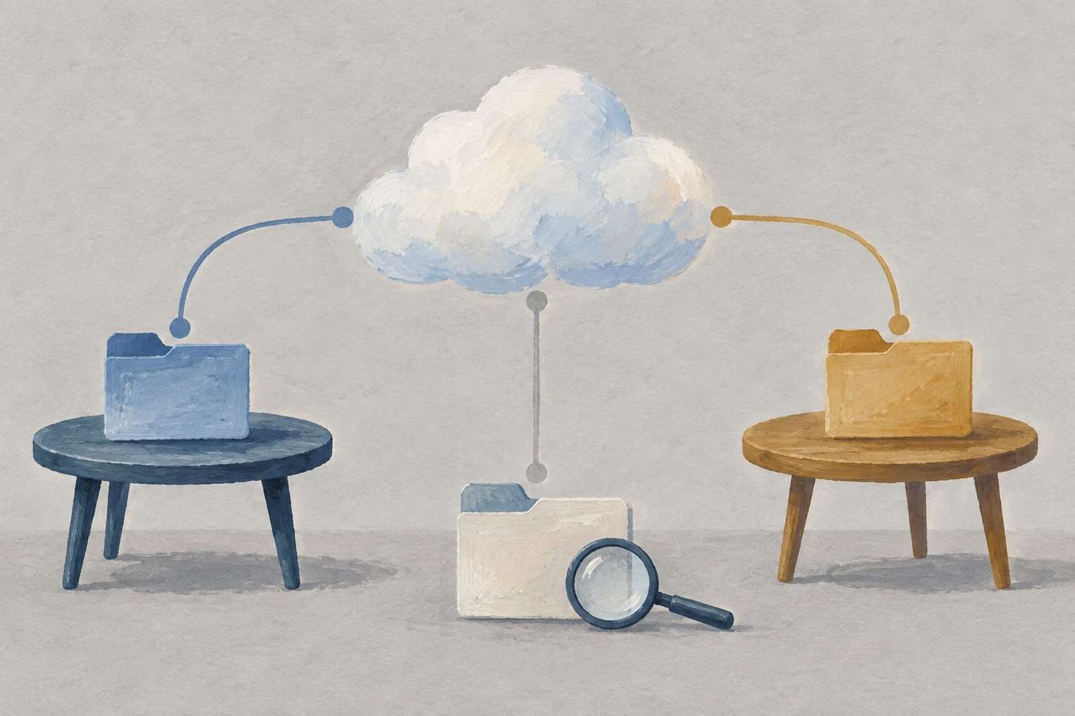 Ilustración de una nube sobre tres carpetas y una lupa para revisar archivos.